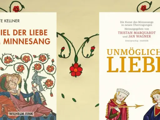 Zwei Bücher über den Minnesang im Mittelalter: "Spiel der Liebe im Minnesang" und "Unmögliche Liebe". Mittelalterliche Illustrationen schmücken die Buchcover.