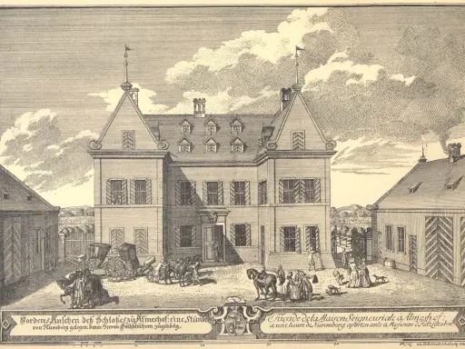 Ein Schloss mit Pferdekutschen und Menschen, das die Bedeutung von Patriziern als wohlhabende Bürger und Ratsherren Nürnbergs illustriert.