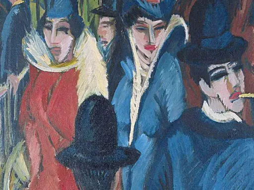 Expressionistisches Gemälde zeigt eine Gruppe von Menschen in modischer Kleidung. Ein Mann raucht, während Frauen mit auffälligen Hüten und Kragen posieren. Ein Werk, das die Debatte um ns raubkunst neu entfacht.