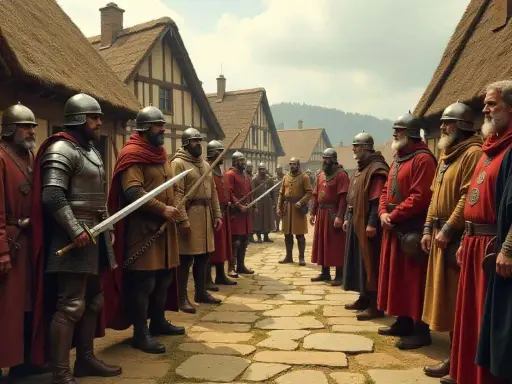 Männer in mittelalterlicher Kleidung und Rüstung stehen sich in einer Gasse gegenüber. Ein Blick in die Franken Geschichte.