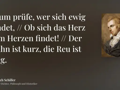 Gedicht von Friedrich Schiller: "Drum prüfe, wer sich ewig bindet..." neben einem Porträt des Dichters, inspiriert von Pappenheim.
