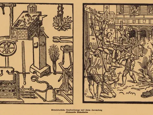 Ein **holzschnitt mittelalter** zeigt grausame Strafen: Folterwerkzeuge, ein Scheiterhaufen und Hinrichtungen.