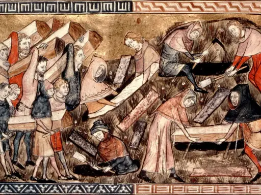 Mittelalterliche Illustration zeigt Menschen, die Särge tragen und Gräber ausheben. Dies erinnert an die Zeit, wann war die Pest in Europa, als Massengräber nötig waren.