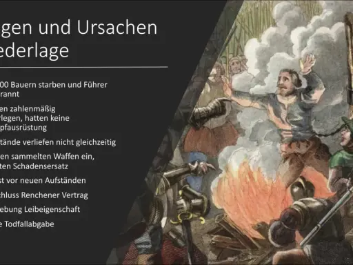 Ein Mann wird verbrannt, während Soldaten zusehen. Die Liste erklärt, wie endete der Bauernkrieg: 70.000 Bauern starben, Führer verbrannt, keine Ausrüstung, keine Einigkeit.