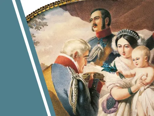 Victoria von Großbritannien und Irland mit Familie. Ein Mann überreicht ihr eine Schatulle, während Prinz Albert und ein Kind im Arm der Königin zu sehen sind.