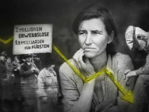 Eine Frau blickt besorgt, während eine Demonstration für Arbeitslose und gegen Fürsten stattfindet. Die Weltwirtschaftskrise war eine Zeit großer Not.