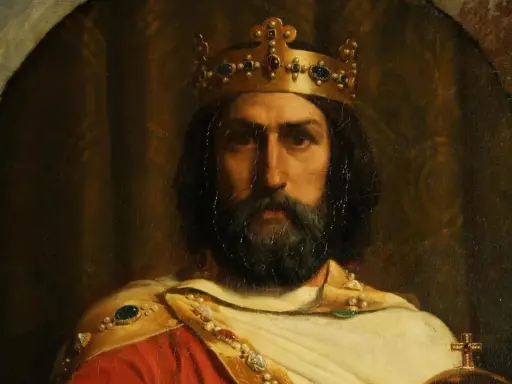 Ein Porträt von König Pippin I. mit Krone und Reichsapfel.