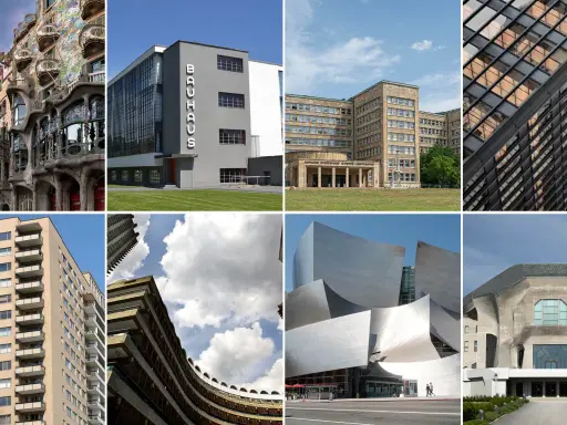 Collage zeigt verschiedene architektonische Stile, darunter Jugendstil und Bauhaus-Architektur der 1920er Jahre.
