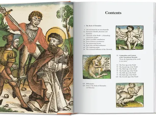 Altes Buch mit Holzschnitten, die eine Szene aus Hartmann Schedels Chronik zeigen. Der Inhalt listet Kapitel über die Weltchronik auf.