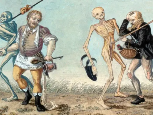 Zwei Skelette führen zwei Männer durch ein Feld. Eine Darstellung von Krankheiten im Mittelalter, die eine düstere Liste von Leiden andeutet.