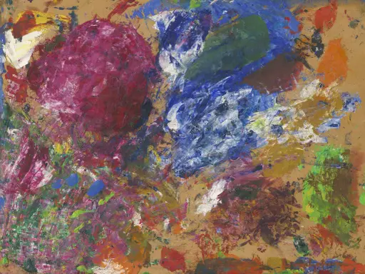 Abstrakte Farbexplosionen in Rot, Blau und Grün auf braunem Grund. Ein Werk von Hans Hofmann, das Energie und Bewegung ausstrahlt.