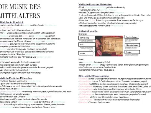 Mittelalterliche Musik: Gregorianischer Choral, Minnesang und Instrumente wie Fidel und Drehleier.