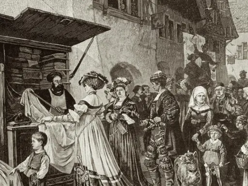 Marktplatz im Mittelalter: Händler, feine Damen und Kinder. Ein Händler zeigt Stoffe, während die Menge das Treiben beobachtet. Hier zeigt sich der **Racheverzicht im Mittelalter** durch friedlichen Handel.