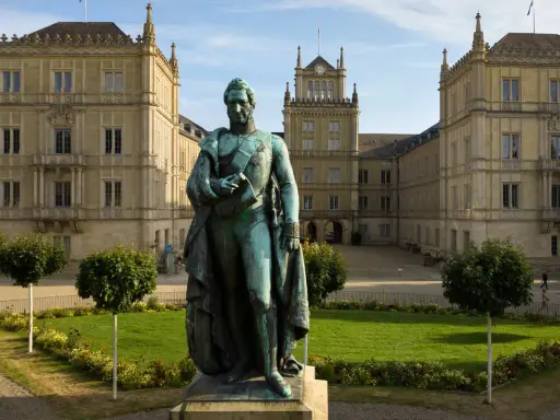Bronzestatue von Ernst I. vor einem prächtigen Gebäude mit Turm und Arkaden.