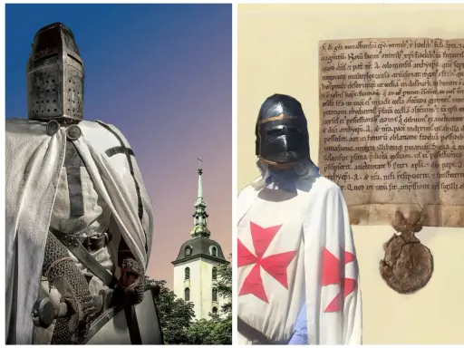 Ein deutscher Orden Ritter in voller Rüstung, mit einem Kreuz auf seinem Umhang, steht vor einer Kirche. Daneben ein Siegel und ein alter Text.