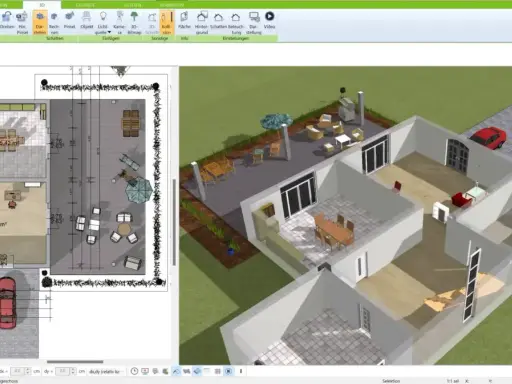 Grundriss eines alten Bauernhauses in 3D-Ansicht. Der Grundriss zeigt Räume, Terrasse und Garten.