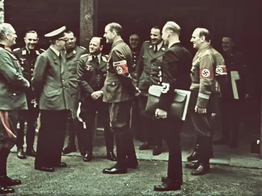 Männer in Uniformen, einige mit Hakenkreuz-Armbinden, stehen im Freien. Die Frage, wo hat Hitler gewohnt, wird hier nicht beantwortet.