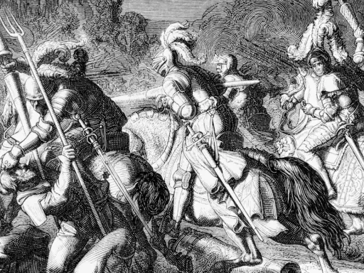 Ritter im Kampf, eine Szene, die an den Bauernkrieg erinnert, wann war der Bauernkrieg? Die Darstellung zeigt eine Schlacht mit gepanzerten Reitern und Fußsoldaten.