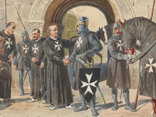 Malteser Ritter im Kampf und im Empfang. Mönche und ein Kind beobachten die Szene.
