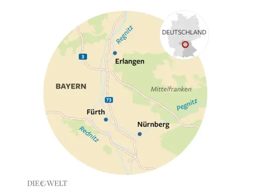 Karte zeigt Mittelfranken in Bayern, Deutschland. Städte wie Nürnberg, Fürth, Erlangen und Flüsse wie Regnitz und Pegnitz sind markiert.
