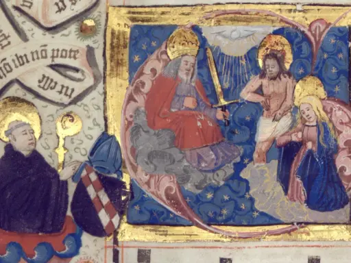 Detailreiche Buchmalerei Mittelalter: Gottvater mit Schwert, Christus, Maria und zwei Geistliche.