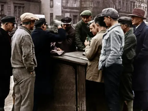 Männer stehen Schlange an einem Stand, vielleicht auf der Suche nach Arbeit während der weltwirtschaftskrise 1929.