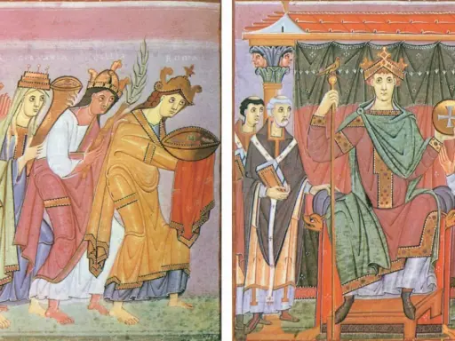 Könige und Königinnen, die Tribute bringen, symbolisieren die Bedeutung von Lehen und Herrschaft.