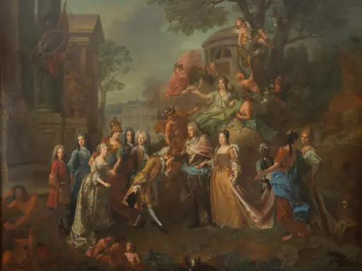 Max Emanuel Herzog in Bayern, umgeben von Adeligen und allegorischen Figuren, in einer prunkvollen Szene vor einem Schloss.
