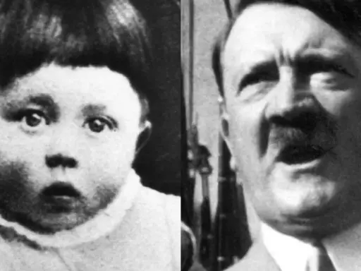 Links ein Baby, rechts ein Erwachsener mit Schnurrbart. Die Bilder zeigen die Entwicklung von Adolf Hitler von seiner Geburt bis zu seinem Erwachsenenalter.