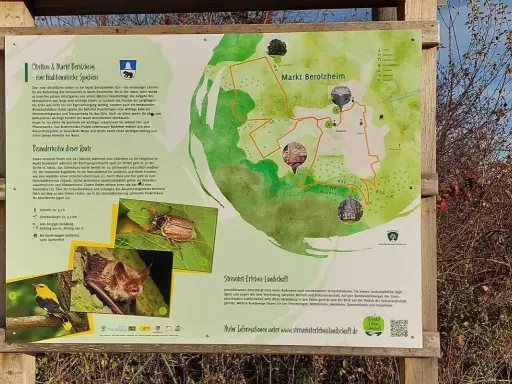 Karte des Obstbau- und Streuobst-Erlebnis-Landschafts-Weges in Markt Berolzheim mit Infos zu Flora, Fauna und Route.