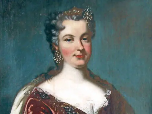 Porträt einer Frau mit Krone und Schmuck, die ein prunkvolles Kleid trägt.