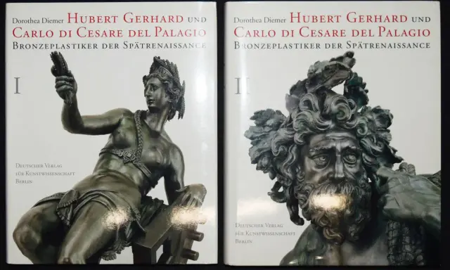 Zwei Buchcover mit Bronzefiguren. Das linke zeigt eine Frau mit Ähre, das rechte einen bärtigen Mann. Beide Bücher behandeln Hubert Gerhard, Bronzepastiker der Spätrenaissance.