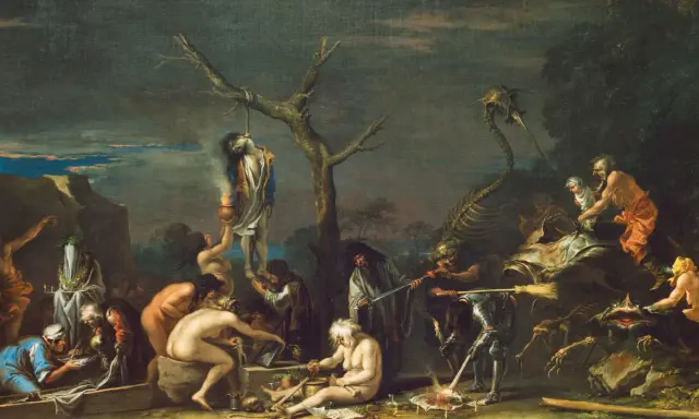 Szene mit mittelalterlichen Hexen, die einen Toten am Baum aufhängen und einen seltsamen Kult praktizieren.
