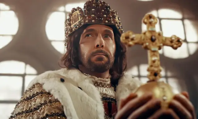 Ein König mit Krone und Hermelinmantel hält ein goldenes Reichsapfel-Kreuz. Er repräsentiert das Lehenswesen und die Macht.