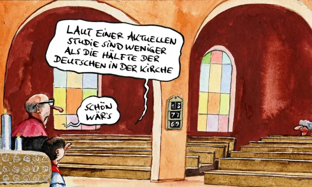 Ein Pfarrer und ein Kind in der Kirche. Der Pfarrer sagt: "Laut einer aktuellen Studie sind weniger als die Hälfte der Deutschen in der Kirche." Das Kind meint: "Schön wär's." Das ist doch mal Kabarett!
