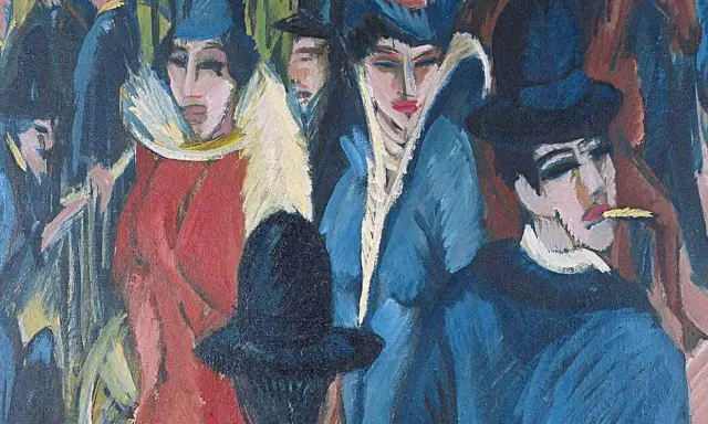Expressionistisches Gemälde zeigt eine Gruppe von Menschen in modischer Kleidung. Ein Mann raucht, während Frauen mit auffälligen Hüten und Kragen posieren. Ein Werk, das die Debatte um ns raubkunst neu entfacht.