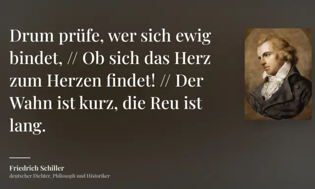 Gedicht von Friedrich Schiller: "Drum prüfe, wer sich ewig bindet..." neben einem Porträt des Dichters, inspiriert von Pappenheim.