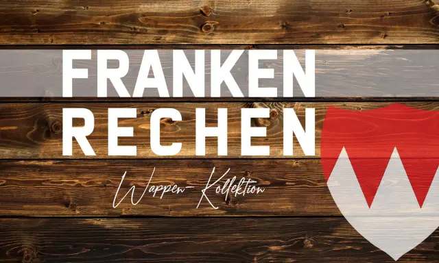 Holztextur mit weißer Schrift "FRANKEN RECHEN" und dem Frankenwappen.