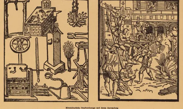 Ein **holzschnitt mittelalter** zeigt grausame Strafen: Folterwerkzeuge, ein Scheiterhaufen und Hinrichtungen.