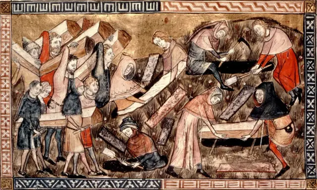 Mittelalterliche Illustration zeigt Menschen, die Särge tragen und Gräber ausheben. Dies erinnert an die Zeit, wann war die Pest in Europa, als Massengräber nötig waren.