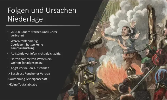 Ein Mann wird verbrannt, während Soldaten zusehen. Die Liste erklärt, wie endete der Bauernkrieg: 70.000 Bauern starben, Führer verbrannt, keine Ausrüstung, keine Einigkeit.