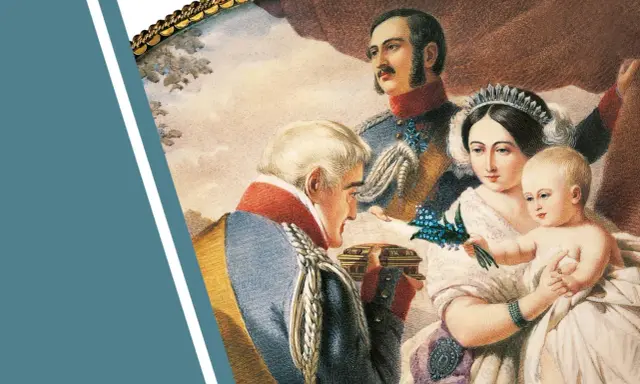 Victoria von Großbritannien und Irland mit Familie. Ein Mann überreicht ihr eine Schatulle, während Prinz Albert und ein Kind im Arm der Königin zu sehen sind.