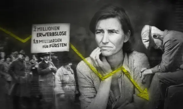 Eine Frau blickt besorgt, während eine Demonstration für Arbeitslose und gegen Fürsten stattfindet. Die Weltwirtschaftskrise war eine Zeit großer Not.