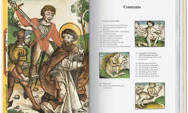 Altes Buch mit Holzschnitten, die eine Szene aus Hartmann Schedels Chronik zeigen. Der Inhalt listet Kapitel über die Weltchronik auf.