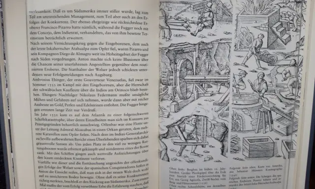 Holzschnitte zeigen Bergbau und Schmelzhütte, die mit dem Fugger Stammbaum und den Expeditionen der Welser in Südamerika verbunden sind.