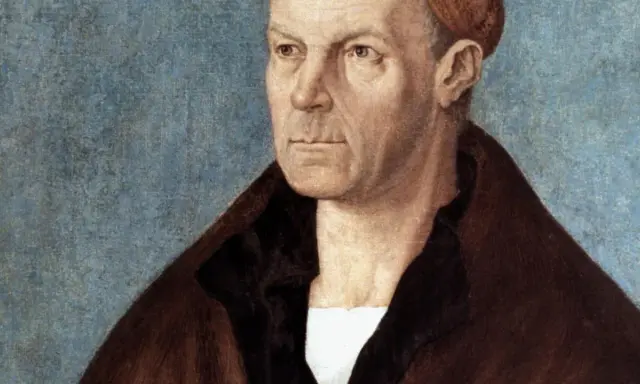 Porträt eines Mannes mit ernstem Blick, der an die reiche Fugger Familie erinnert.