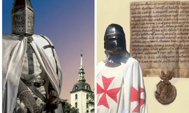 Ein deutscher Orden Ritter in voller Rüstung, mit einem Kreuz auf seinem Umhang, steht vor einer Kirche. Daneben ein Siegel und ein alter Text.