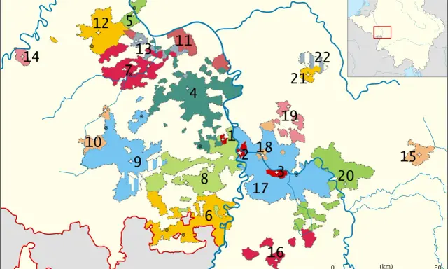 Karte zeigt die Gebiete der Kurpfalz, die sich über mehrere Regionen erstrecken.