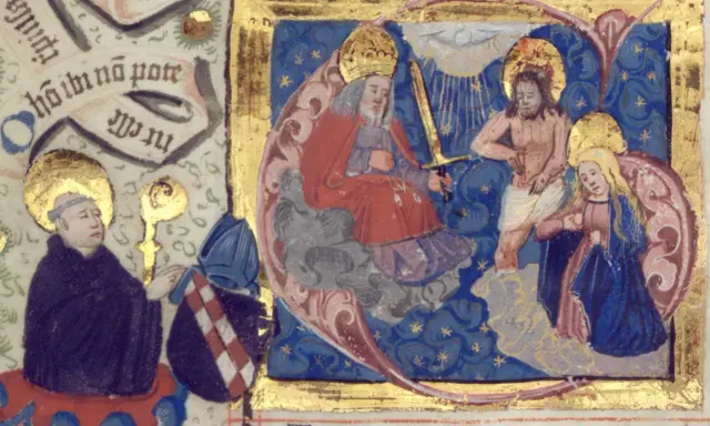 Detailreiche Buchmalerei Mittelalter: Gottvater mit Schwert, Christus, Maria und zwei Geistliche.