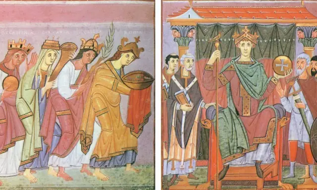 Könige und Königinnen, die Tribute bringen, symbolisieren die Bedeutung von Lehen und Herrschaft.